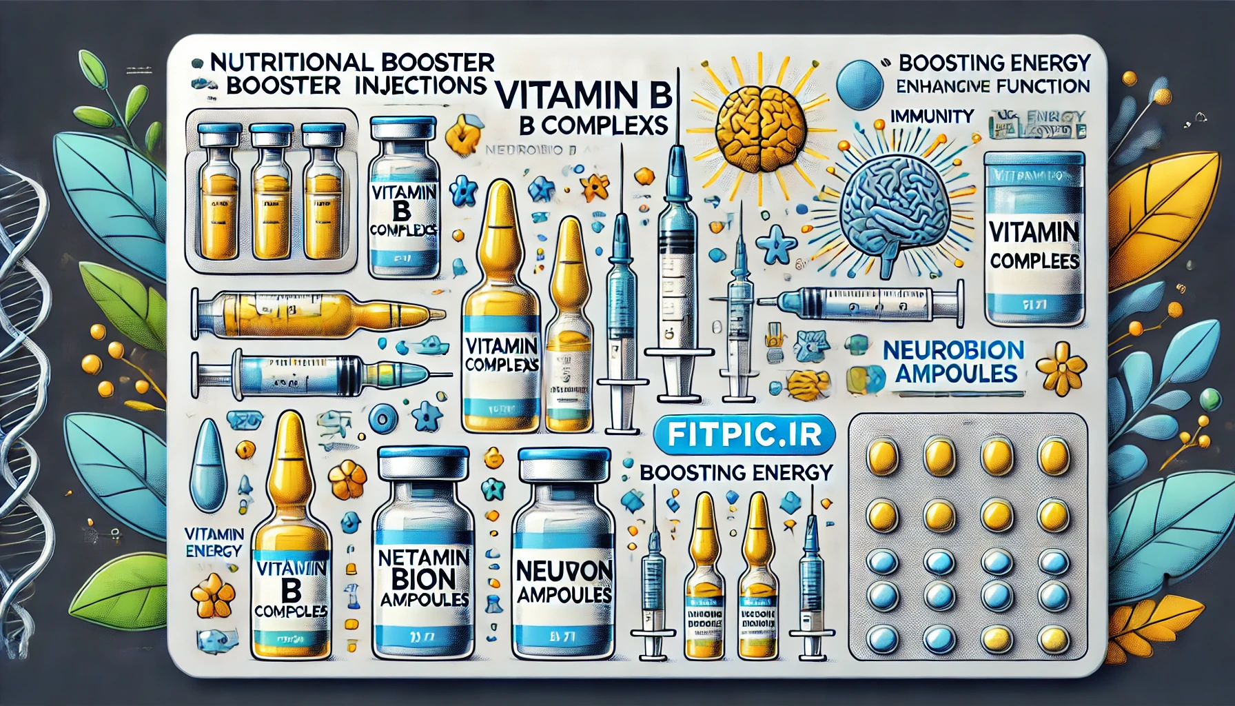 fitpic.ir انواع آمپول‌های تقویتی: بررسی و کاربردهای مهم آمپول‌های تقویتی از جمله راهکارهای موثر برای افزایش انرژی، تقویت سیستم ایمنی و بهبود سلامت عمومی بدن محسوب می‌شوند. در این مقاله به بررسی آمپول نوروبیون و سایر آمپول‌های تقویتی پرداخته می‌شود. همچنین به کاربرد، فواید و عوارض احتمالی آن‌ها خواهیم پرداخت.آمپول نوروبیون: ترکیب و خواصآمپول نوروبیون چیست؟ این آمپول حاوی ویتامین‌های گروه B شامل B1، B6 و B12 است که نقش مهمی در سلامت سیستم عصبی و افزایش انرژی دارند. آمپول نوروبیون برای چی خوبه؟ از جمله فواید آن می‌توان به تقویت قوای جسمی، بهبود عملکرد عصبی و کاهش خستگی اشاره کرد. آمپول نوروبیون خارجی و نوربین خارجی نیز با اثرات مشابه در بازار موجود هستند.خواص آمپول نوروبیون: کمک به کاهش دردهای عصبی، بهبود ضعف عمومی بدن و افزایش تمرکز.عوارض آمپول نوروبیون: برخی افراد ممکن است دچار واکنش‌های آلرژیک یا مشکلات گوارشی شوند. همچنین، عوارض نوروبیون می‌تواند شامل حساسیت به ویتامین‌های خاصی باشد.سایر آمپول‌های تقویتیآمپول ویتامین B12: این آمپول به افزایش انرژی، تقویت سیستم ایمنی و بهبود حافظه کمک می‌کند. امپول نوروبین و آمپول ب کمپلکس نیز گزینه‌های محبوبی برای افزایش ویتامین B بدن هستند.آمپول تقویت سیستم ایمنی بدن: بهترین گزینه برای افزایش مقاومت بدن در برابر بیماری‌ها محسوب می‌شود. آمپول ب کمپلکس چند وقت یکبار می‌تواند بر حسب نیاز بدن مصرف شود.آمپول تقویتی برای ضعف بدن: این آمپول‌ها شامل ترکیبات ویتامینی و معدنی می‌باشند که به بهبود ضعف عمومی بدن کمک می‌کنند.آمپول تقویت قوای جسمی مردان: بهبود عملکرد جسمی و افزایش انرژی در فعالیت‌های روزانه را هدف قرار می‌دهد.نکات استفاده و مراقبت‌های لازمقرص نوروبیون برای چیست؟ علاوه بر آمپول، نوروبیون به شکل قرص نیز موجود است و می‌تواند به تقویت سیستم عصبی و افزایش انرژی کمک کند.نگهداری پروتئین وی در یخچال می‌تواند به افزایش ماندگاری و حفظ کیفیت آن کمک کند.بهترین آمپول تقویتی بسته به نیاز بدن هر فرد متفاوت است؛ مشورت با پزشک برای انتخاب بهترین گزینه توصیه می‌شود.زمان تاثیر آمپول نوروبیونزمان تاثیر آمپول نوروبیون معمولاً به شرایط بدنی و نوع کمبود ویتامین‌ها بستگی دارد و ممکن است در مدت کوتاهی اثرات بهبودی مشاهده شود. استفاده از آمپول نوروبیون برای چیست؟ می‌تواند به سرعت انرژی بدن را بازیابی کرده و ضعف‌های ناشی از کمبود ویتامین B را جبران کند.جمع‌بندیآمپول‌های تقویتی از جمله آمپول نوروبیون و آمپول ب کمپلکس می‌توانند بهبود چشمگیری در عملکرد بدن، تقویت سیستم ایمنی و افزایش انرژی ایجاد کنند. با این حال، مصرف این آمپول‌ها باید با توصیه و نظارت پزشک انجام شود تا از عوارض آمپول نوروبیون یا دیگر آمپول‌ها پیشگیری شود. فیت پیک